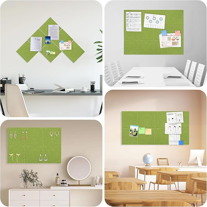 Large Cork Board for Office Wall Decor,48"x36"-12 Pack Felt Wall Tiles with 35 Push Pins, Thicker 0.47in, Felt Bulletin Board Pin Board Cork Boards for Walls - Matcha Green