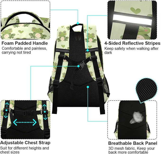 MNSRUU Laptop Backpack with Chest Strap, Frog School Backpack, Travel Hiking Backpack for Boys Girls Teen Adult, Rucksack, Knapsack