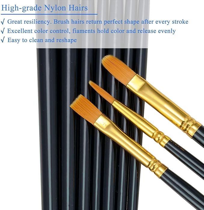 BOSOBO Paint Brushes Set, 10 Pack 100 Pcs Round Pointed Tip Paintbrushes Nylon Hair Artist Acrylic Paint Brushes for Acrylic Oil Watercolor, Face Nail Art, Miniature Detailing & Rock Painting, Black