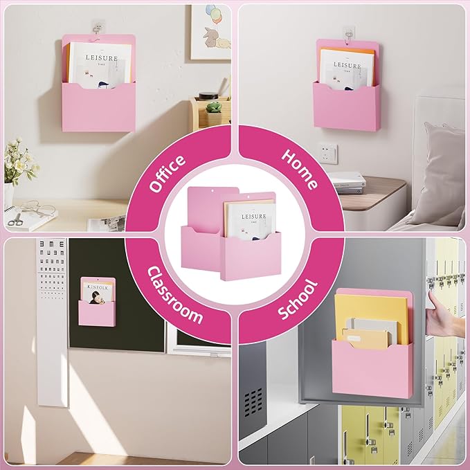 2 Pack Magnetic File Holder - Paper Holder, Pocket Organizer,Hanging Wall File Organizer Office Supplies Storage, Magazine Mail Organizer Case for Notebooks,Planners,Letter (Pink)
