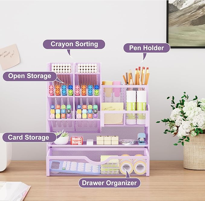 Marbrasse Mesh Pen Holder for Desk, Desk Organizer with Drawer, Multi-Functional Pencil Organizer, Desk Organizers and Accessories for Office Art Supplies (Purple)