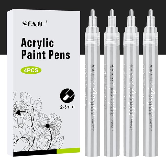 SFAIH Silve Paint Markers Paint Pens - 4 Pack 2-3MM Medium Tip Metallic Acrylic Markers for Rock Painting, Wood, Metal, Fabric, Plastic, Canvas, Glass, Ceramic, Diy Crafts, Drawing, Tire