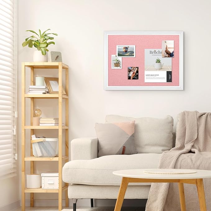 Large Pink Cork Board with Linen, 24" x 18" Hanging Wood Framed Bulletin Board, Picture Display Vision Board Corkboards for Wall Room School Office Decor, 10 Pushpins, 1 Pack