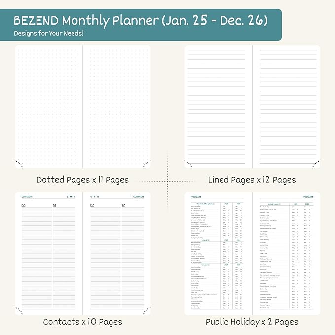 BEZEND 2 Year Pocket Calendar 2025-2026 - Small Monthly Planner for Purse 6.5" x 3.5", Runs Jan 2025 to Dec 2026, 100 GSM Paper, Pen Loop & Notes, PU Leather Hardcover in Dark Green