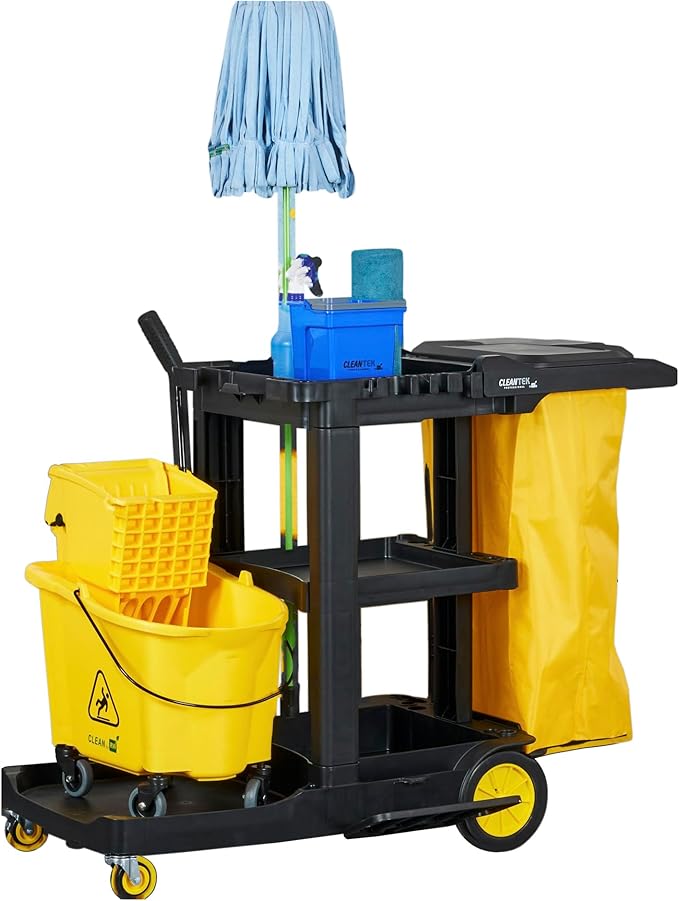 Restaurantware-Clean Tek Professional Janitor Cart with Wheels, 1 Cleaning Trolley with Cover and 21 Gallon Bag - 3 Shelves, Heavy-Duty, Gray Plastic Commercial Janitorial Cart, for Restaurants
