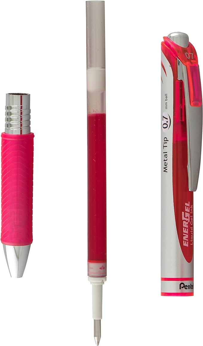 Pentel Refill Ink For EnerGel and Lancelot Gel Pen, (0.7mm) Metal Tip, Pink Ink, Pack of 12 (LR7-P)