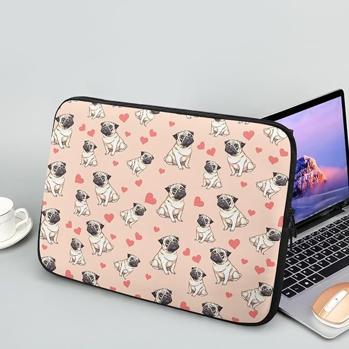 Pug Dog Printed Computer Bags for Laptops for Women, Heart Pattern Computer Carrying Cover Laptop Briefcase, 17 Inch Water Resistant Laptop Case Portable Computer Case Bag
