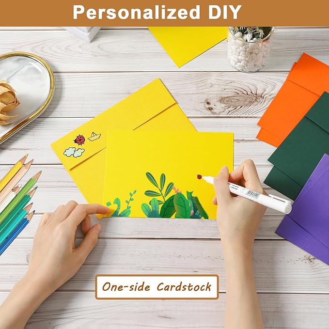 100 Packs 10 Assorted Colors Blank Flat Cards and Envelopes 4 x 6 Heavyweight Single Panel Cardstock and A4 Envelopes Printable Self Seal for Graduations, Wedding Invitations, Thank You Cards