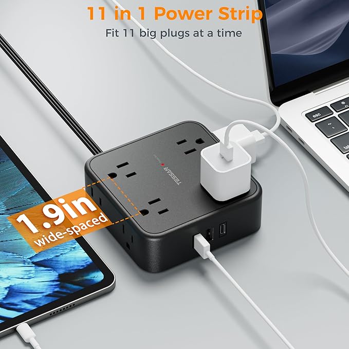 Power Strip Surge Protector 10 Ft Cord, 8 AC Outlets, 3 USB Charger (1 USB C Port), Thin Flat Extension Cord 10 Feet, Flat Plug, 900 Joules Protection, for Home, Office, Dorm Room Essentials, Black