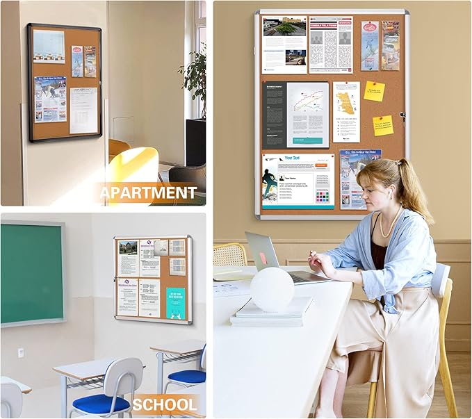 SWANCROWN Lockable Noticeboard Wall-Mounted Bulletin Pin Cork Boards Message Board with Aluminium Frame 28x14 inch