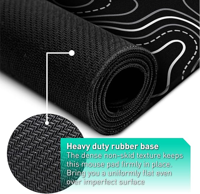 Minimalist Topographic Map Mouse Pad - Contour Extended Large Stitch Edge Mousepad. Black & White Non-Slip XL Gaming Desk Mat