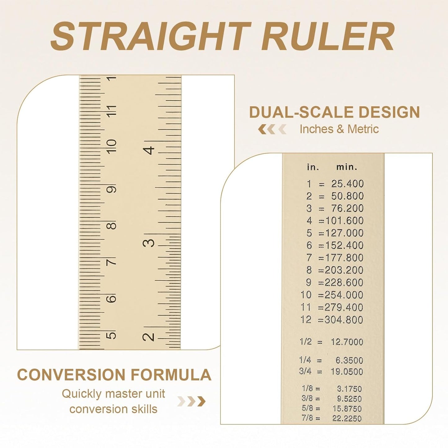 HARFINGTON 4pcs Metal Straight Ruler 30cm Metric SAE Aluminum Alloy Measuring Rulers Scale Tool with Hole for Measure Study Reading Classroom Office, Beige