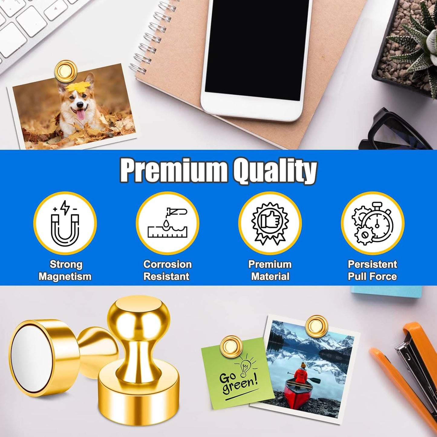 Strong Whiteboard Magnets, Cute Kitchen Magnets for Refrigerator, Tiny Gold Magnetic Clips, Magnetic Push Pins for Kitchen Decor and Accessories, Office, Gadgets, Pack of 56
