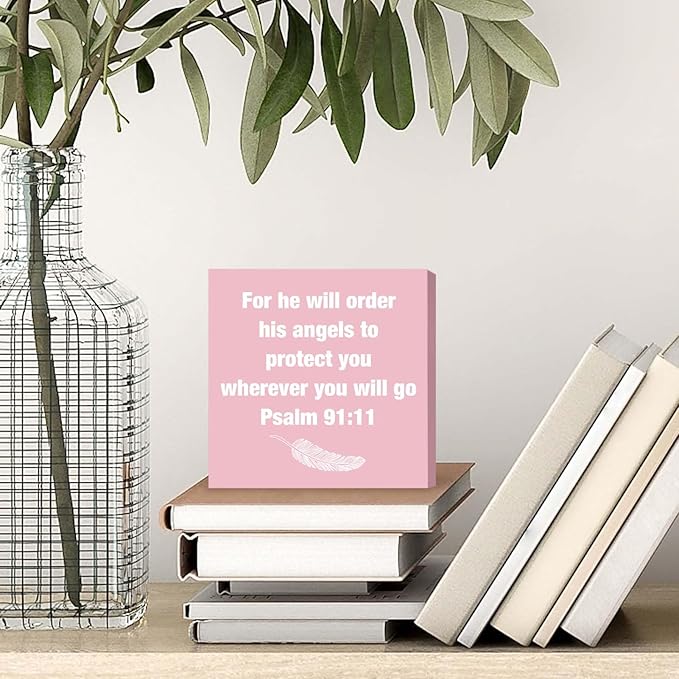 Pink Psalm 91:11 Office Decor Desk Accessories Inspirational Gifts for Women Bible Verse Gifts Pink Christian Office Decor Sign Desk Decorations for Women Home & Office Cute Desk Accessories