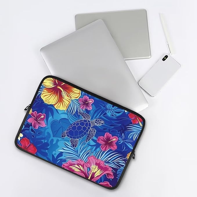Sea Turtle Printed Laptop Briefcase for Women Men, Hibiscus Flower Printed 10 Inch Laptop Bag Messenger Bag Lightweight Laptop Case for Office Business Traveling Daily Use