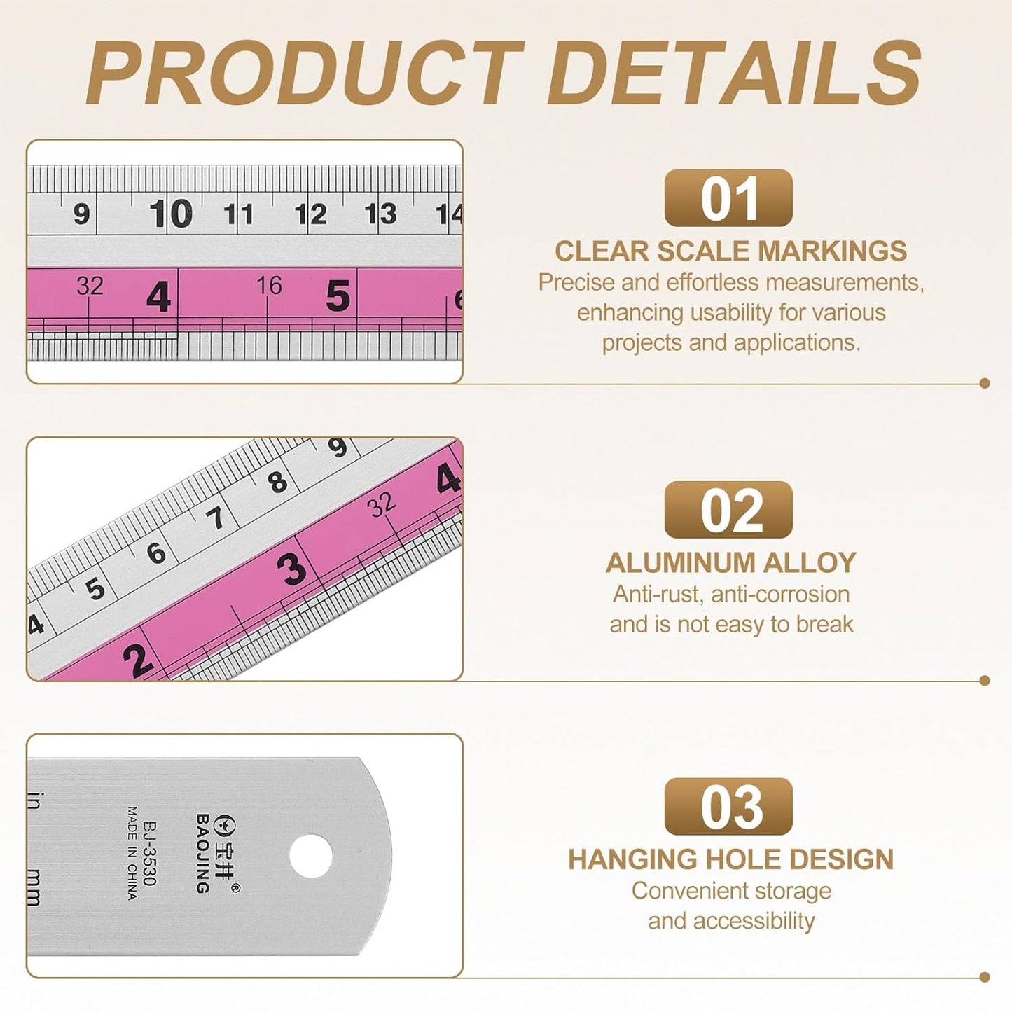 HARFINGTON 6pcs Metal Straight Ruler 15cm Metric SAE Aluminum Alloy Measuring Rulers Scale Tools with Hole for Measure Study Reading Classroom Office, Pink