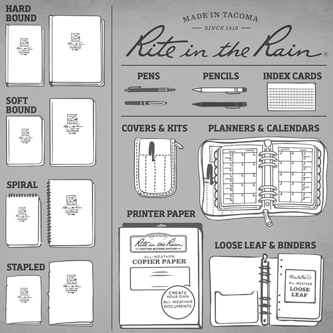 Rite in the Rain Weatherproof Top Spiral Notebook, 3" x 5", Black Cover, Universal Pattern, 6 Pack (No. 735L6)
