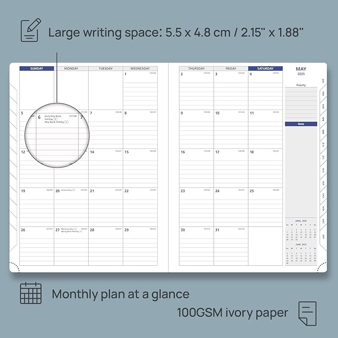 POPRUN 2025 Monthly Calendar 8.5" x 11", Large Writing Space Monthly Planner with PU Leather Soft Cover, Dual Pockets, Monthly Tabs, 100GSM Thick Paper, Sunday Start - Brown