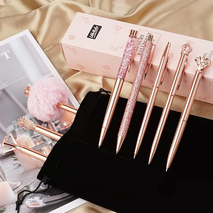 WEMATE 8Pcs Ballpoint Pens Set Metal Crystal Diamond Pen Glitter Pen for Journaling Pen Bling in Black & Blue Ink Pretty Cute Pens Fancy Pens Gifts for Women Wedding School Office Desk (Rose Gold)