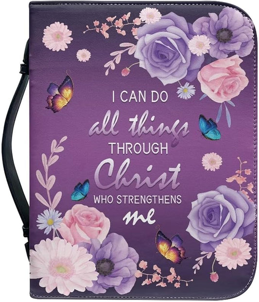 Lotusorchid Flower Butterfly Bible Bags for Women, Portable Bible Cover Bags for Girls, Christian Bible Study Accessories,I Can Do All Things Through Christ Who Strengthens Me Bible Verse, 2XL