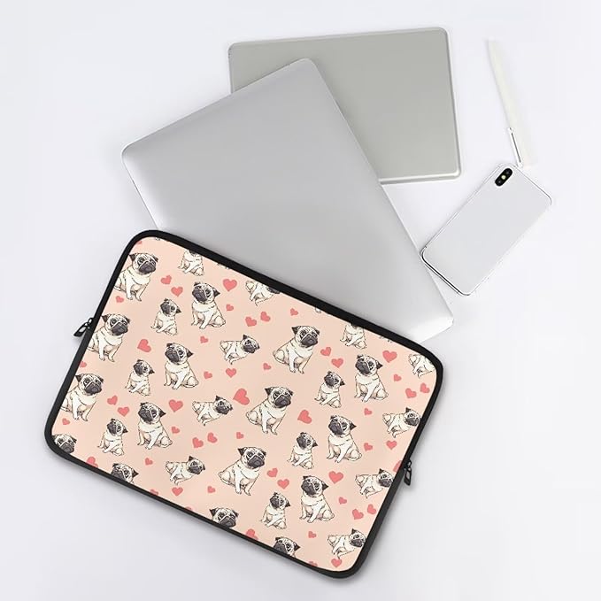 Pug Dog Printed Computer Bags for Laptops for Women, Heart Pattern Computer Carrying Cover Laptop Briefcase, 13 Inch Water Resistant Laptop Case Portable Computer Case Bag