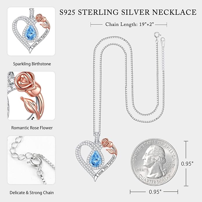 Hidepoo Christmas Gifts for Women Mom Wife - Sterling Silver Rose Heart Birthstone Necklace I Love You Forever Heart Pendant Teardrop Necklace Jewelry Anniversary Valentines Christmas Birthday Gifts