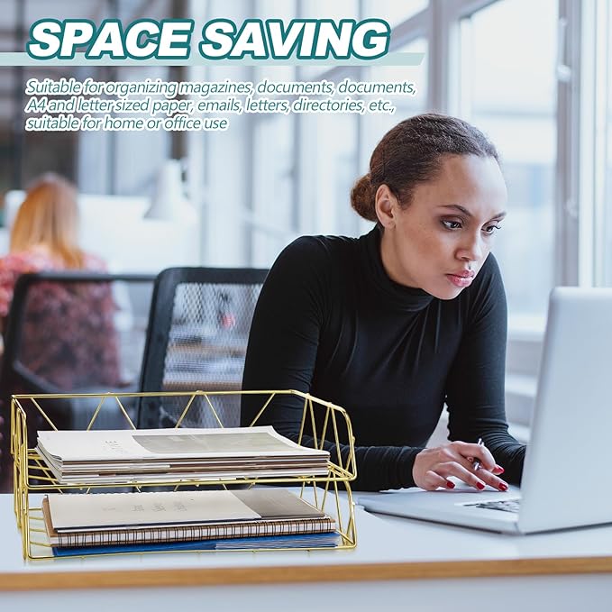 Yeaqee 4 Tier Stackable Paper Tray Gold Desk Organizer Rack Metal Letter Desk File Organizer Horizontal Holder File Trays for Desk Office Desktop Supplies and Accessories