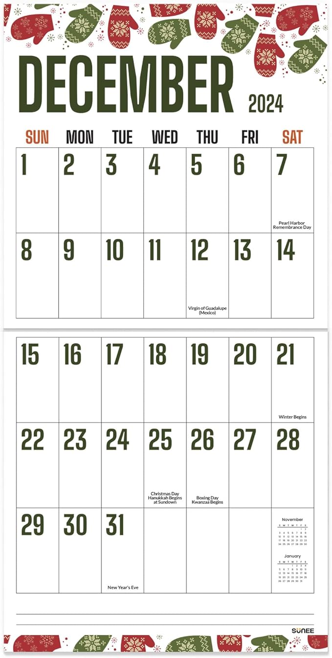 SUNEE Calendar 2024-2025, Large Print Wall Calendar Sep. 2024 - Dec. 2025, 15-Month, Monthly Planner with Big Grid, Big Wall Calendar for Home Office Planning, 12" x 24" (Open)