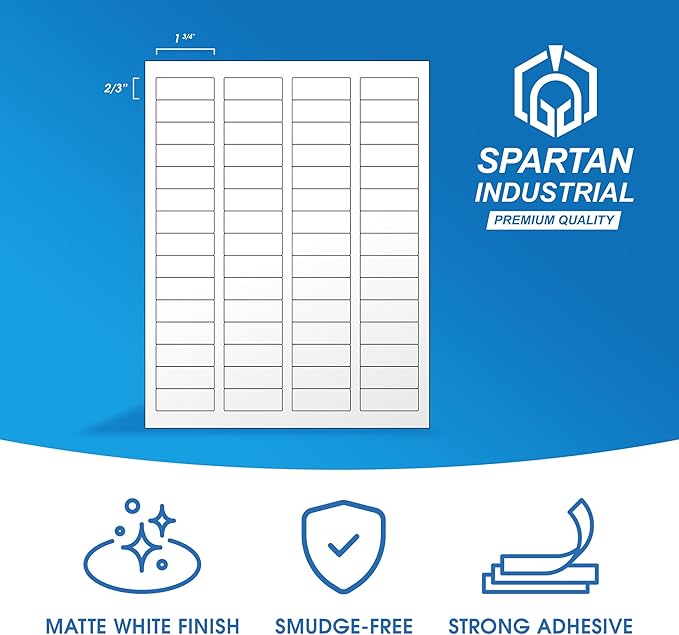 1 3/4" X 2/3" Matte White Return Address Labels Compatible with Inkjet and Laser Printers - 100 Sheets, 6000 Small Printable Stickers for Mailing, Barcodes, Organization - Spartan Industrial