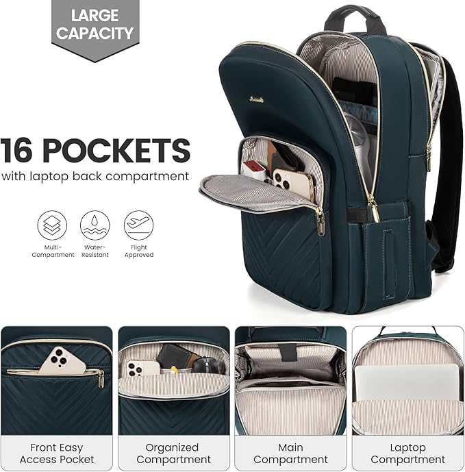 LOVEVOOK Laptop Backpack for Women 17.3 inch,Cute Womens Travel Backpack Purse,Professional Laptop Computer Bag,Waterproof Work Business College Teacher Bags Carry on Backpack with USB Port,Blue-green