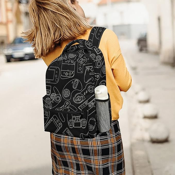 Fiokroo Video Game Controller Black Background Backpack School Bag For Students Teens Men Women Gaming Gadgets Laptop Backpacks Travel Daypack Bag With Multiple Pockets