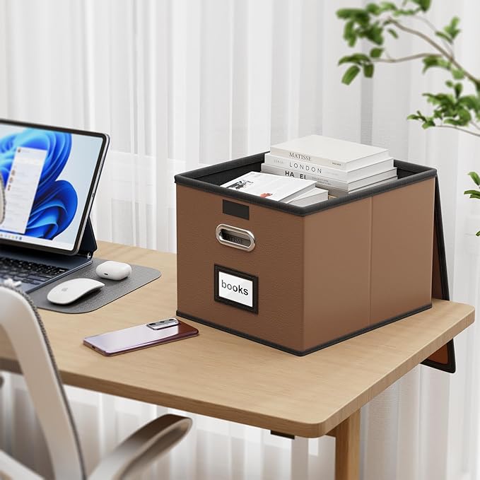 Huolewa Upgraded File Organizer Boxes with Lids, Collapsible Faux Leather Hanging File Folder Box Organizer with Plastic Slide, Decorative Home/Office Filing System Boxes for File and Folders Storage