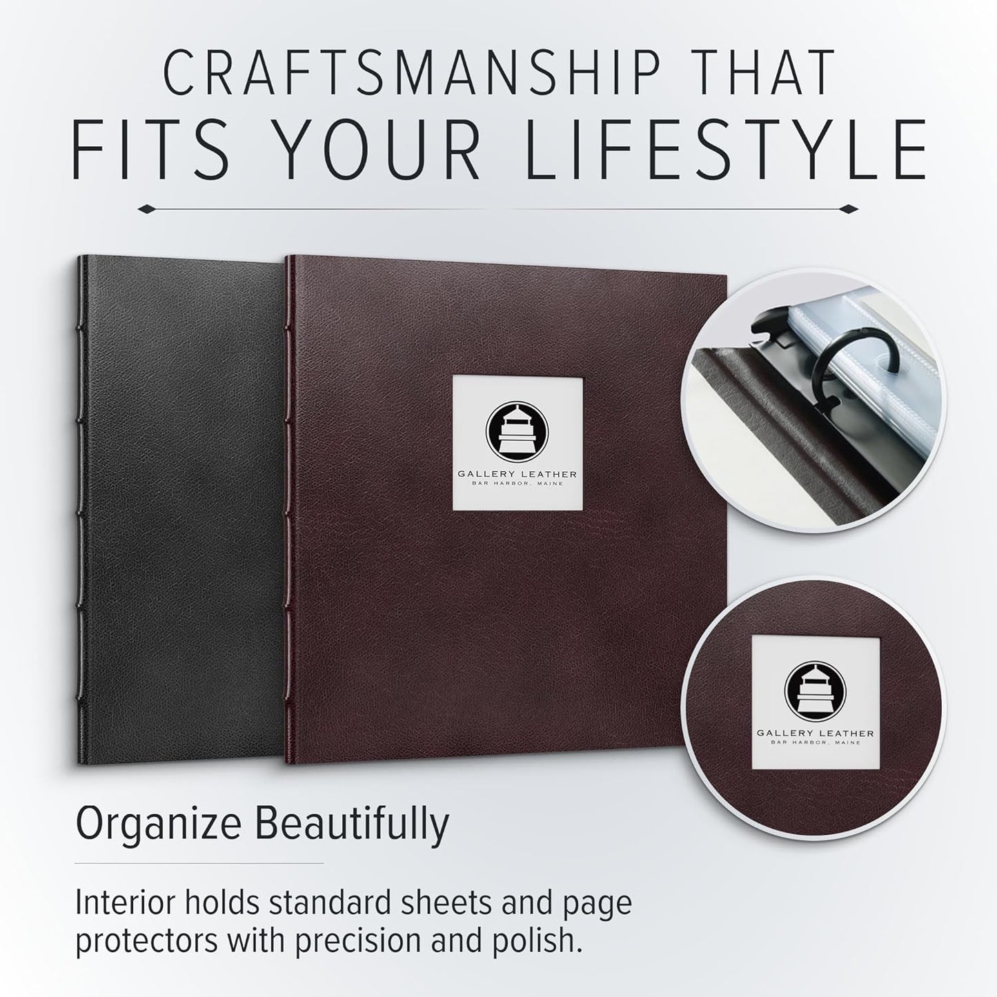 Gallery Leather 3 Ring Binder with Plastic Sleeves, Includes 10 Sheets, Sheet Size: 8.5" x 11" - Presentation Binder Rings with Hubbed Spine, Thick: 0.75" Freeport Slate