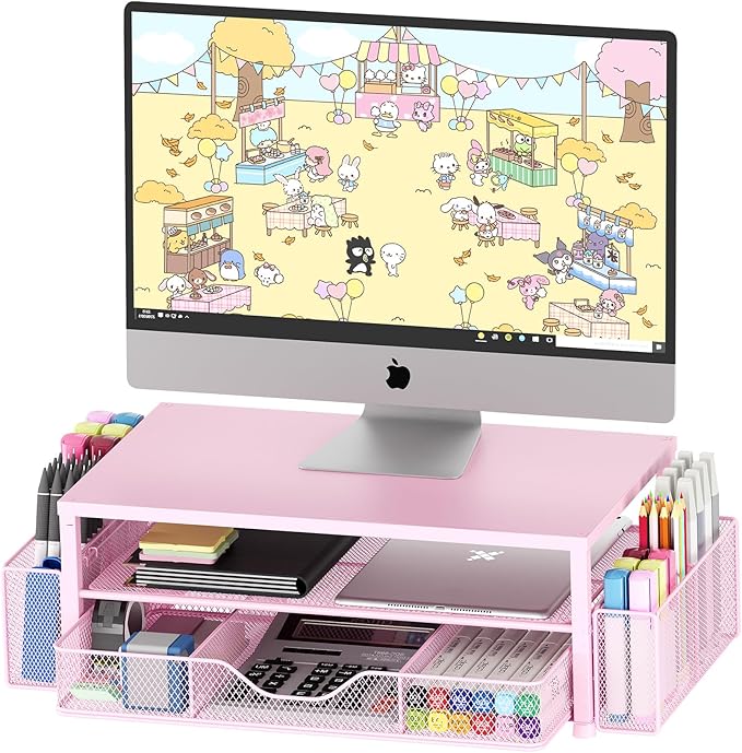 Desk Organizers and Accessories, 2-Tier Computer Monitor Stand for Desk Organizer with Drawer and 2 Pen Holders, Office Desk Accessories Workspace Desktop Organizers for Office Supplies, Pink
