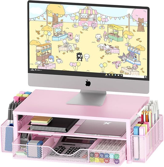 Desk Organizers and Accessories, 2-Tier Computer Monitor Stand for Desk Organizer with Drawer and 2 Pen Holders, Office Desk Accessories Workspace Desktop Organizers for Office Supplies, Pink