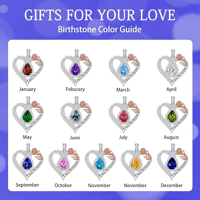 Hidepoo Christmas Gifts for Women Mom Wife - Sterling Silver Rose Heart Birthstone Necklace I Love You Forever Heart Pendant Teardrop Necklace Jewelry Anniversary Valentines Christmas Birthday Gifts
