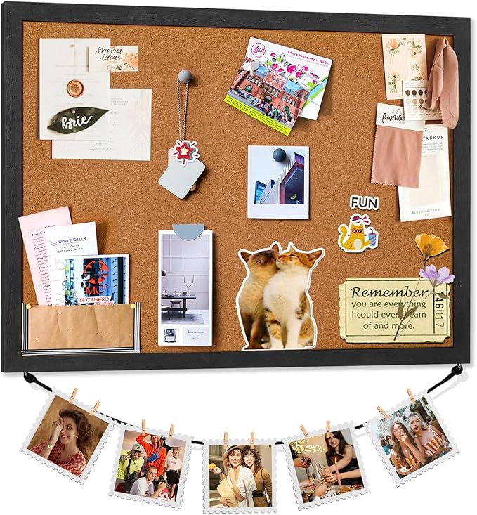 Miratino Cork Board Bulletin Board, 23x18 Inches Wooden Frame Pin Board, Cute Cork Boards for Walls Hanging for Office, Home Decor, School (Pins, Clips, Strings) Black