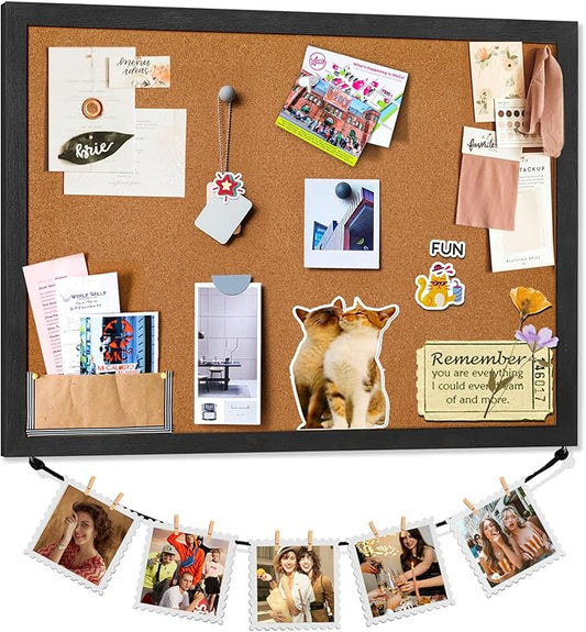 Miratino Cork Board Bulletin Board, 23x18 Inches Wooden Frame Pin Board, Cute Cork Boards for Walls Hanging for Office, Home Decor, School (Pins, Clips, Strings) Black
