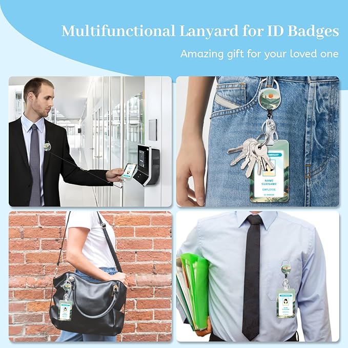 Lanyards for Id Badges, Badge Holder with Retractable Reel Clip, Sunrise Sunset Mountain Tree Work Name Tags Keychain Lanyard ID Card Protector Case for Women Teacher Nurse Doctor Office