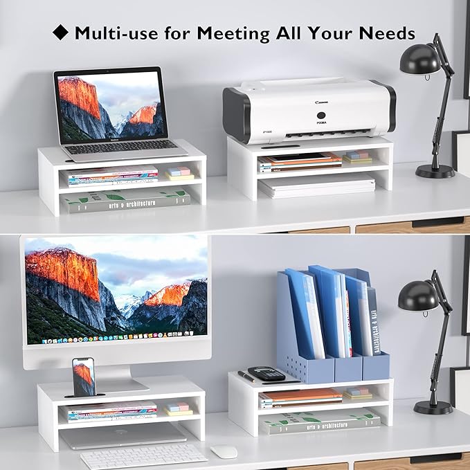 BONTEC Monitor Stand Riser White, 2 Tiers Wood Monitor Riser Stand with Storage Organizer, Desktop Ergonomic Monitor Stand Riser with Cellphone Holder and Cable Management, 16.5 Inch Desk Shelf