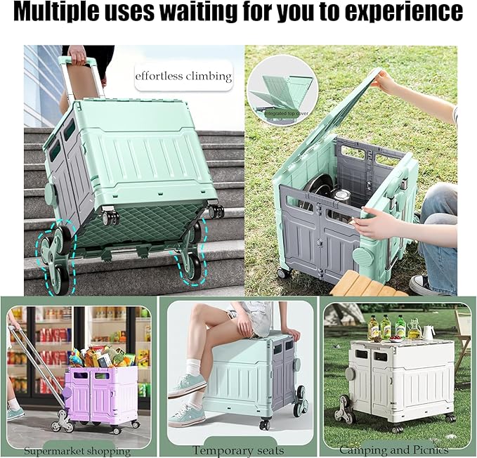 Foldable Utility Cart with Stair Climbing Wheels,Folding Portable Rolling Crate Handcart with Aluminium Alloy Telescoping Handles, Handcart for Grocery Book File Tool Art Supplies-75L