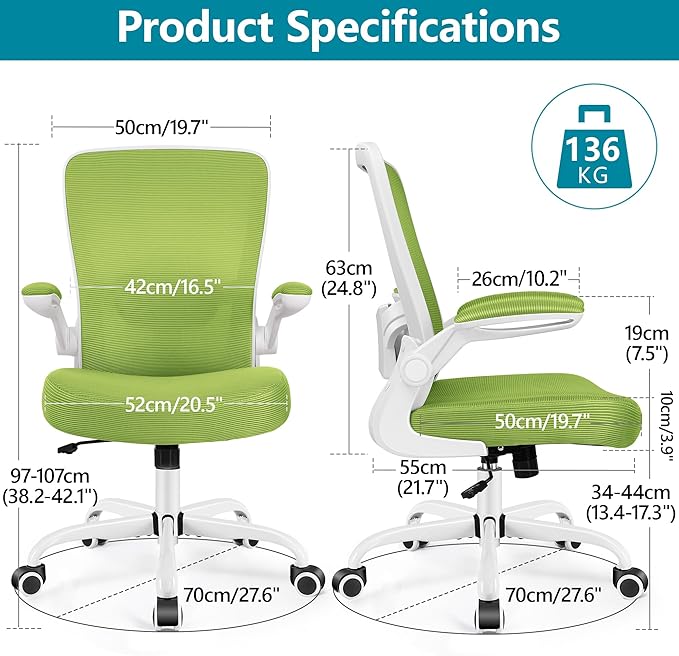 Office Chair, FelixKing Ergonomic Desk Chair Breathable Mesh Chair with Adjustable High Back Lumbar Support Flip-up Armrests, Executive Rolling Swivel Comfy Task Computer Chair for Home Office (Green)