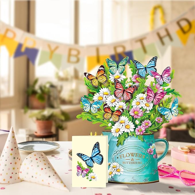 Airpark Pop Up Flower Cards, 2 Packs, Daisies and Butterflies,12inch Flower Bouquet 3D Popup Greeting Cards with Blank Note Card and Envelope for Birthday, Easter, Mothers day for Women Kids