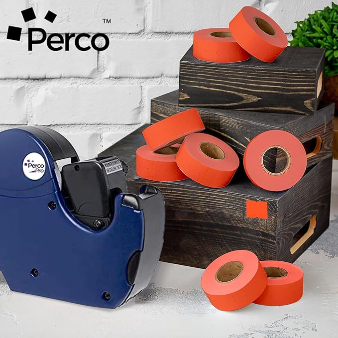 Perco 2 Line Fluorescent Red Labels - 8 Rolls, 1 Sleeve, 6,000 Blank Price and Date Gun Labels for Perco 2 Line Price and Date Guns - Made in USA