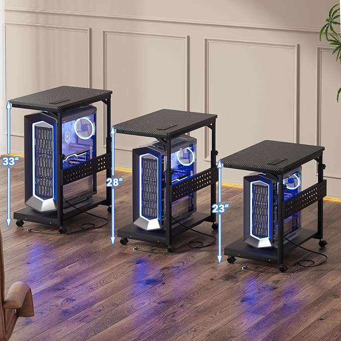 Computer Tower Stand with Power Strips, Height Adjustable PC Tower Stand/Cart with Wheels, Mobile Rolling CPU Holder, Computer Cart Side Stand for Computer Desk, 24", Carbon Fiber Black