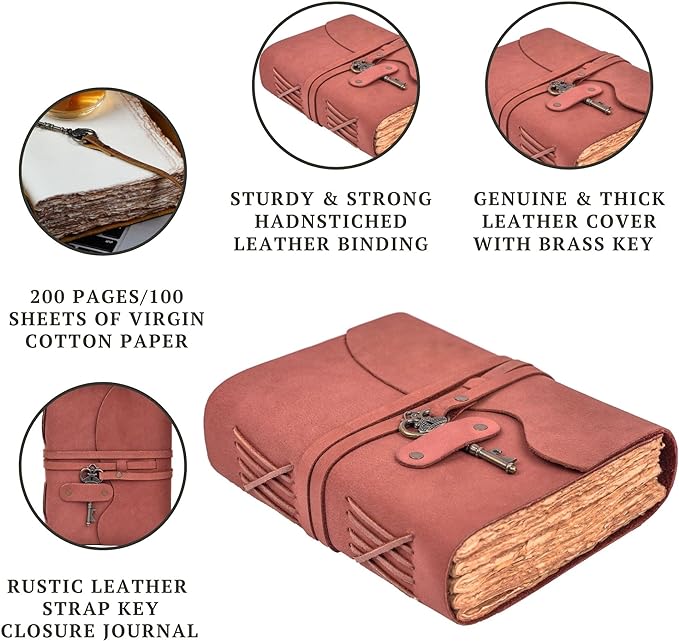 LEATHER VILLAGE Vintage Leather Journal – 200 Handmade Vintage Deckle Edge Paper – Leather bound Journal For Women Men – Vintage Key Closure - Book of Shadows - 10X7 inches - Fuchsia