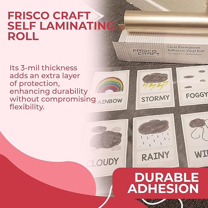 Frisco Craft Transparent Self Adhesive Laminating Roll - Self Laminating Sheets for Decals, Sticker, Photos & More - No Heat Sealing, Glossy, Clear Sheets (12" x 10 ft)