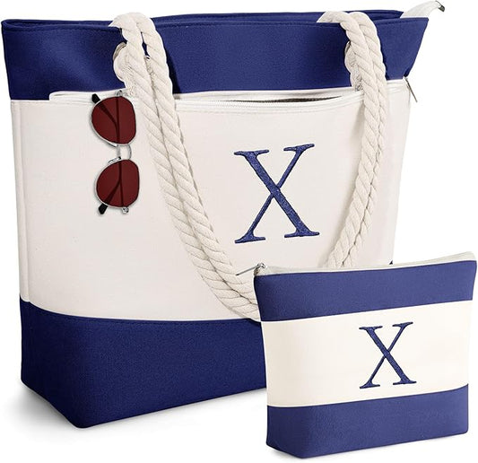 YOOLIFE Christmas Gifts for Women - Initial Canvas Tote Bag & Makeup Bag, Birthday Gifts for Women Mom Teacher Friend Sister