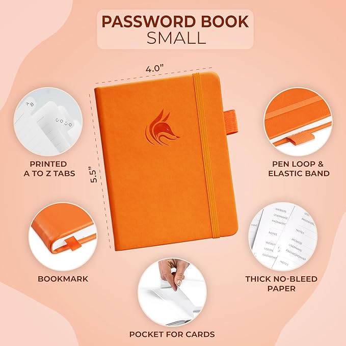 Clever Fox Password Book with Alphabetical tabs. Internet Address Organizer Logbook. Small Pocket Password Keeper for Website Logins (Orange)