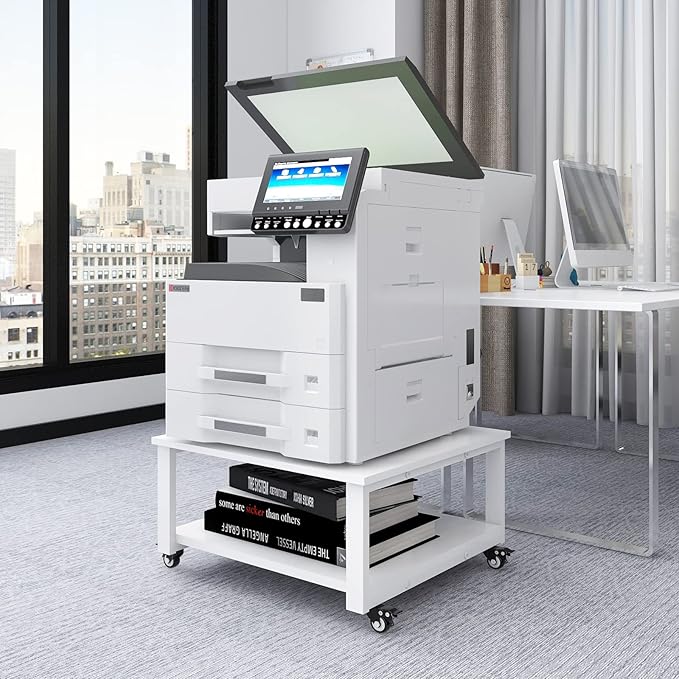 Natwind 2 Tier Laser Printer Stand,23.6''x23.6''x12.6'' Large Printer Table Copier Stand,Heavy Duty Rolling Printer Cart with Paper Storage Shelf,Printer Holder with Wheels for Home Office (White)